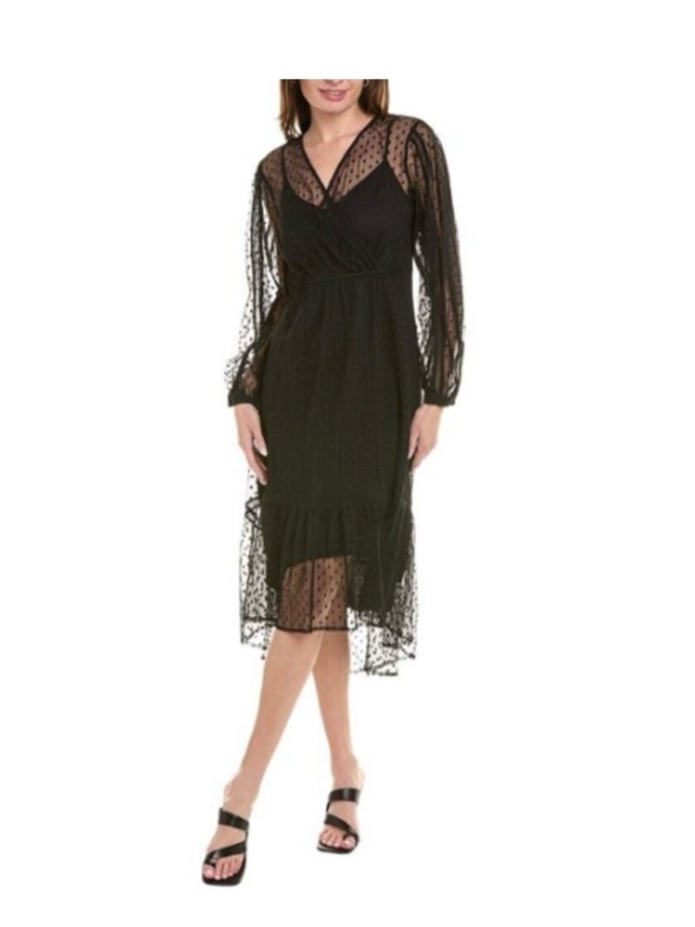 Cabi Theater Dress- Black Sheer Polka Dot Midi Dress